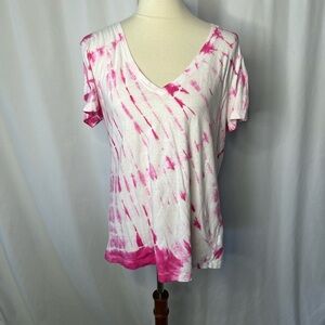 💖 Lucky Brand Hot Pink and White Tie-Dye V-Neck Tee | Size L | Soft Cotton Top 💖